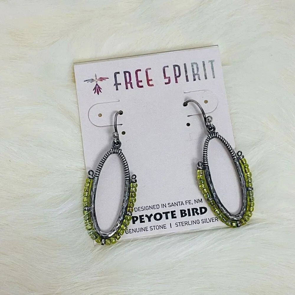 NWT Peyote Bird Free Spirit Sterling Silver Dangle Hoop Earrings Green Glass Bea